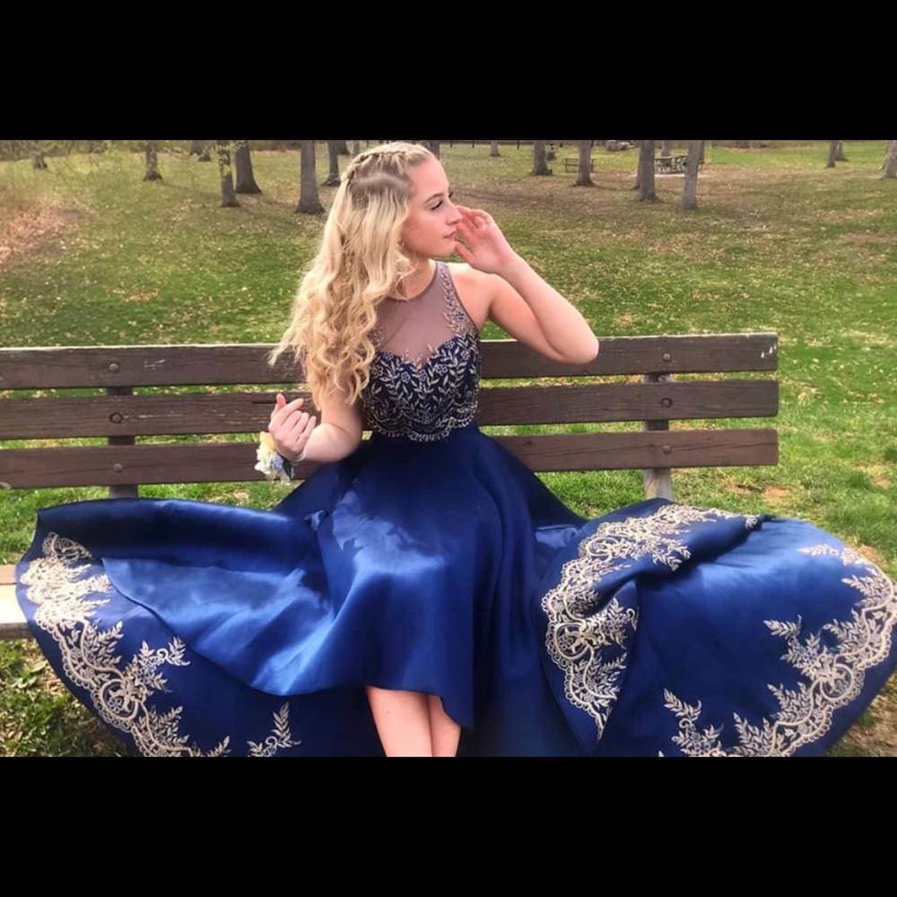 High low navy blue prom dress